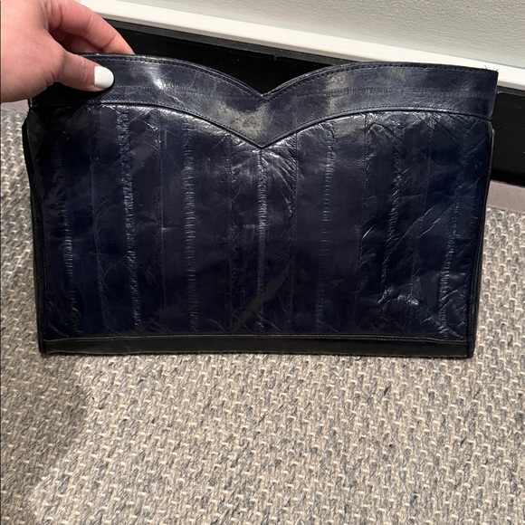 korea Handbags - Vintage Korean Genuine Eel Skin Navy Blue Clutch / Bag